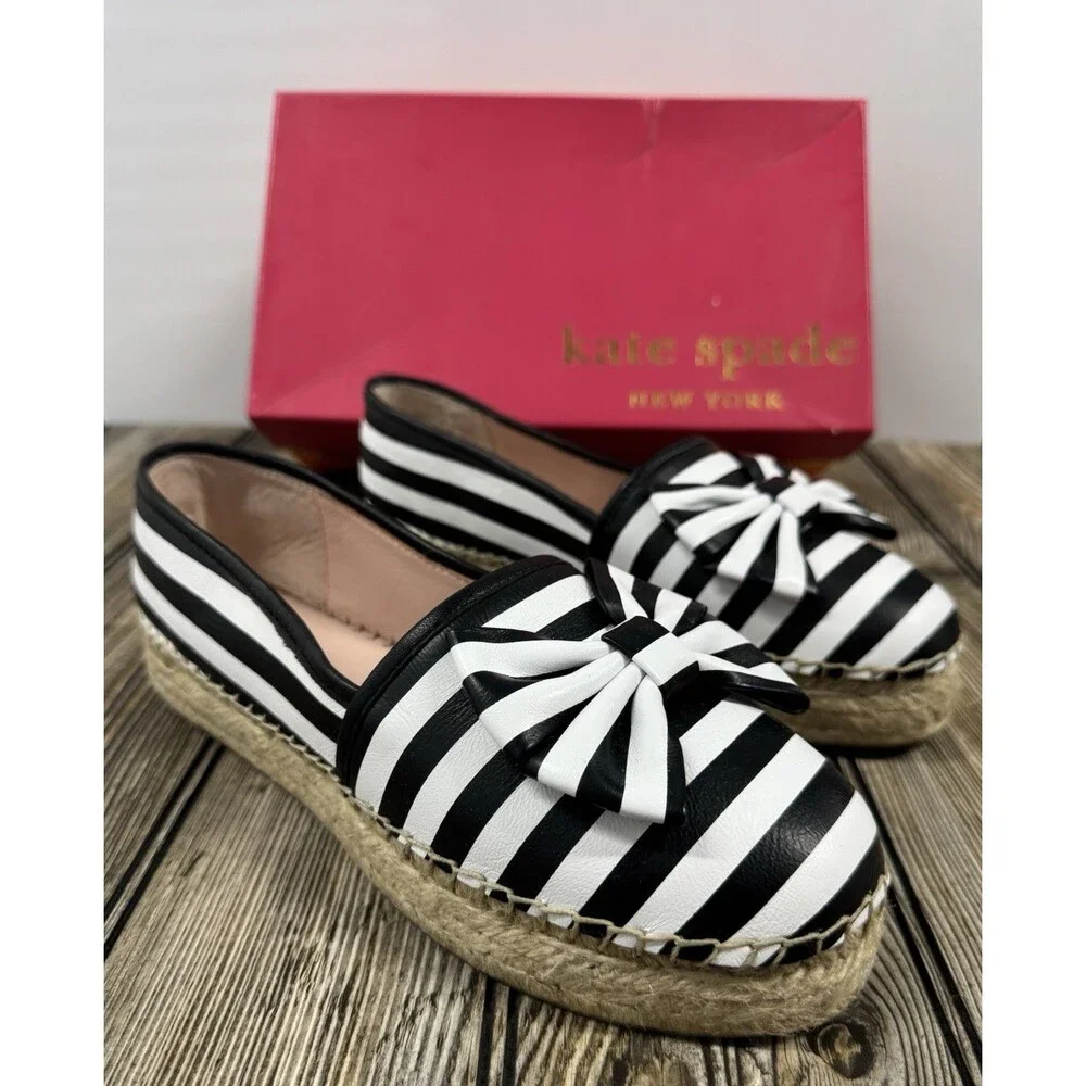 Kate Spade NY LINDS Striped Leather Bow Espadrille Flats Black White Sz 8 1/2